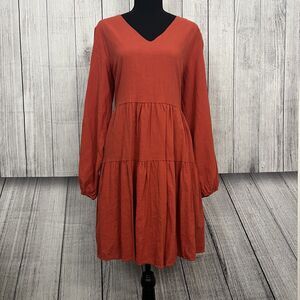 Fancy Inn Woman's Large Orange Long Sleeve V-Neck With Pockets Dress, NWT